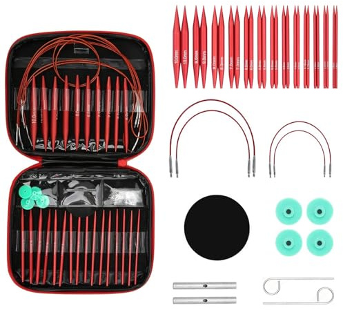 Hsyan Rundstricknadeln Stricknadeln Set, 13 Paar Aluminium Stricken für Anfänger Set 10 cm 3–10mm Durchmesser mit 4 Kordeln, Tasche und Zubehör Auswechselbare für Socken, Pullover, Red
