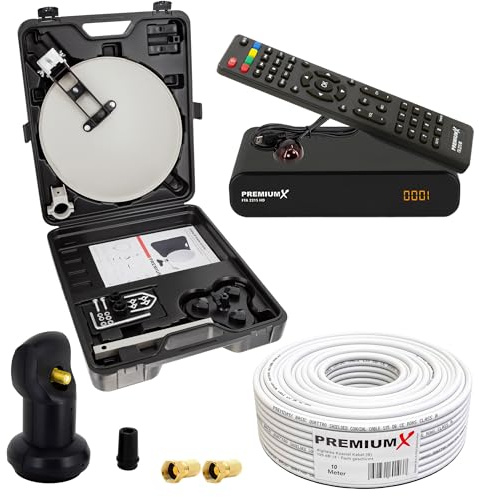 PremiumX Camping SAT Anlage HD TV Satelliten Receiver Single LNB 10m Kabel 2X F-Stecker kompakt im Koffer Camp Zubehör
