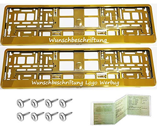 2 Stück Kennzeichenhalter GOLD CHROM mit WUNSCHTEXT Beschriftung Werbung BEDRUCKT