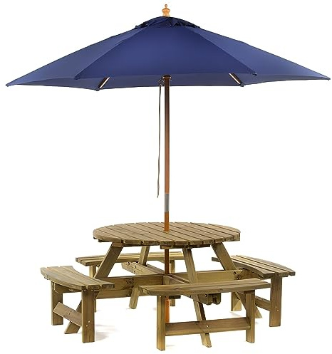 BrackenStyle Picnic Pub Bench, 8 Seater, Round Wooden, Navy Blue | Garden Patio Table, Thick Timbers, With Parasol