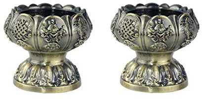 Lotus Flower Tealight Holder - Tibetan Buddhist Water Offering Cup, Oil Lamp Holder for Meditation Buddha Altar, Set of 2 (Bronze)