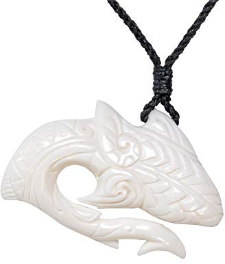 81stgeneration Handgeschnitzter Knochen-anhänger „HEI Matau“ mit Großem Hai | Surfer-Accessoires für Herren | Handgemachte Tribal Fischhaken Kordel Halskette | Amulett im Maori-Stil