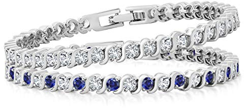 Gem Stone King 2 Piece Round White Cubic Zirconia and Simulated Blue Sapphire Set of 2 Tennis Bracelets for Women 4.50 Ct Each, 7 Inch Length