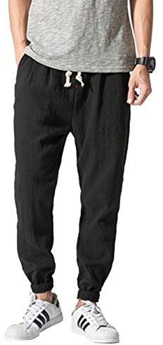 Vanvene - Linnebyxor för män, linne och bomull, lätta säckiga, säckiga strandbyxor, yoga, breda ben, Svart, 4XL