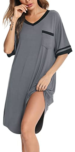 Vlazom Chemise de Nuit Femme Grande Taille T Shirt de Nuit Manche Courte Col V Robe de Nuit S-XXL,M,Gris Foncé