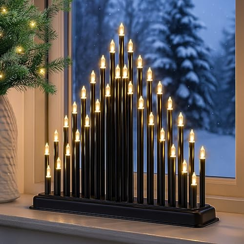 HomeZone Black Christmas Candle Bridge - 33 Warm White LED Flameless Candles Modern Battery Operated Christmas Decoration for Xmas Window Decorations, Mantlepiece