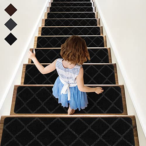 RIOLAND Stufenmatten für den Innenbereich, rutschfest, rutschfest, rutschfest, für Kinder, Hunde, 20,3 x 76,2 cm, Diamantschwarz, 15 Stück