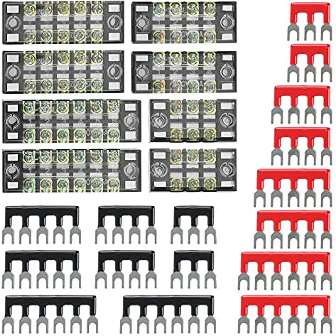 Knpwer 24Pcs 3/4/5/6 Positions 600V 15A Dual Row Screw Terminals Strip Blocks with 16 Pcs 600V 15A Pre-Insulated Terminal Barrier Jumper Strips 8 Sets (Black & Red)