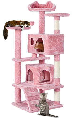 Yaheetech 139cm Cat Tree for Indoor Cats with Scratching Posts, Pink | Multilevel Cat Tower, 2 Condos, 3 Perches, Sisal Posts, Ladder, Safety Strap, for Small to Large Cats, FSC-Certified