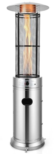 COSTWAY Outdoor Propane Patio Heater, 40,000 BTU Propane Heater with Dancing Flame, Portable Wheels, Stainless Steel Pyramid Floor-Standing Outdoor Heater for Balcony Backyard Garden, Silver