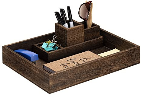 Navaris Schreibtisch Organizer aus Holz 5er Set - Stiftehalter Stifteschale - 5tlg. Aufbewahrung für Stifte Schere Papier - Brief Ablage - Schreibtischorganizer Büro - braun