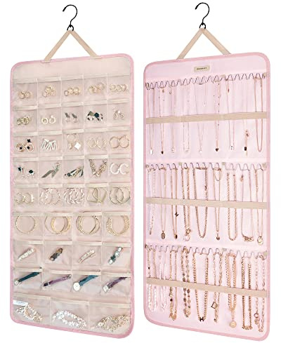 BAGSMART Rouleau de rangement pour bijoux à suspendre avec crochets en métal double face pour boucles d'oreilles, colliers, bagues sur placard, mur, porte, 1 pièce, XL, rose