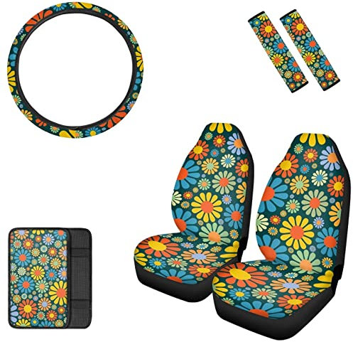 Dolyues Abstraktes Hippie-Blumen-Sitzbezug-Zubehör, komplettes Set, 6 Packungen, bunte Blumen, Autositzbezüge/Sicherheitsgurtpolster/Mittelkonsole Armlehnenbezug