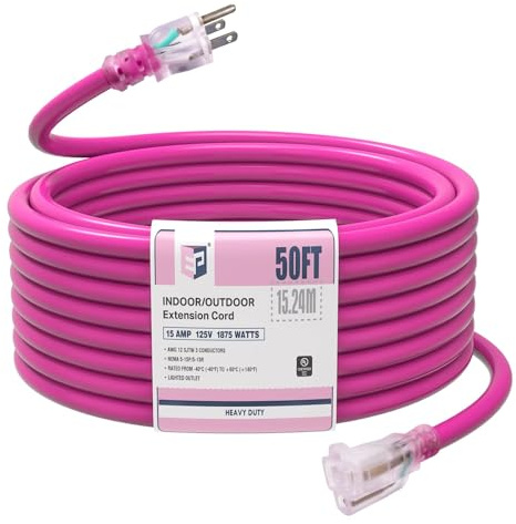 EP 50Ft Outdoor Extension Cord, 12/3 SJTW Heavy Duty Waterproof Power Cable, 3 Prong Grounded Plug, Lighted End, for Lawn, Garden, Appliances, Pink