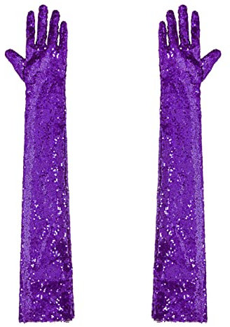 Agoky Damen Pailletten Handschuhe Abendhandschuhe Ellenbogen Lang Party Hochzeit Braut Armstulpen Fäustlinge Gloves Violett Einheitsgröße