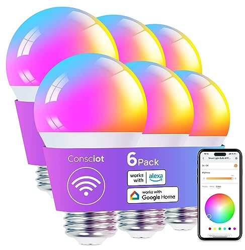 Consciot Smart Light Bulbs, LED Light Bulb That Works with Alexa & Google Home, Music Sync, RGBTW Color Changing Light Bulb, A19 E26 2.4Ghz WiFi Light Bulbs 60 watt Equivalent, 800lm Dimmable, 6 Pack