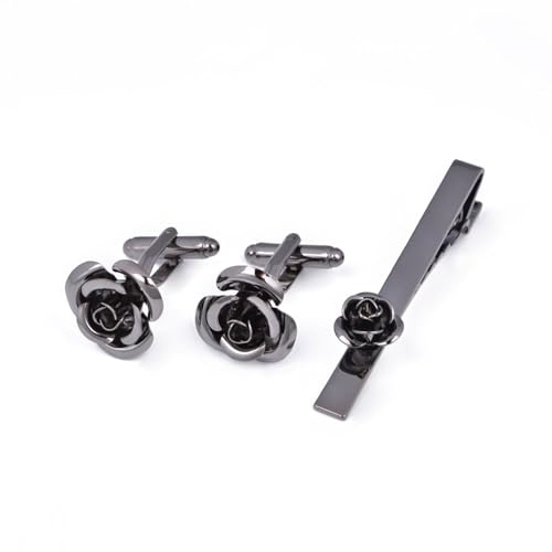 Homxi Krawattennadel und Manschettenknöpfe Set,Krawattennadel Herren Kupfer Rosenblüte Manschettenknöpfe für Herren Schwarz