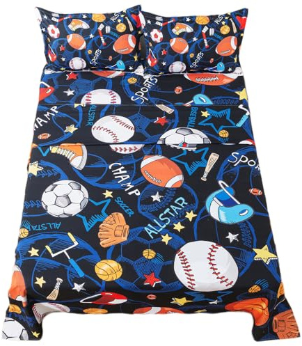 ADASMILE A & S Kids Sports Bedding Set Full Size Football Sheets Super Soft Baseball Football Soccer Themed Bed Sheets for Teens Sports Flat and Fitted Sheets for Boys and Girls Sports Room Decor