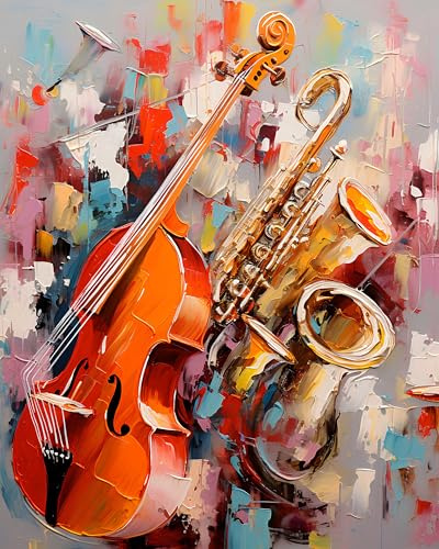 adrium Leinwand-Bild 70 x 90 cm: Abstrakter Farbhintergrund mit Musikinstrumenten - Violine, Saxophon und Trompete (209768338)