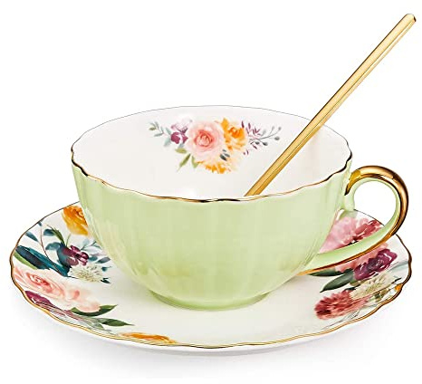 HUAMu Ensemble de tasses avec cuillère, tasse à thé et soucoupe vintage en céramique - Tasse à thé élégante avec cuillère et soucoupe - Tasses à thé royales en porcelaine,Vert clair (235 ml)