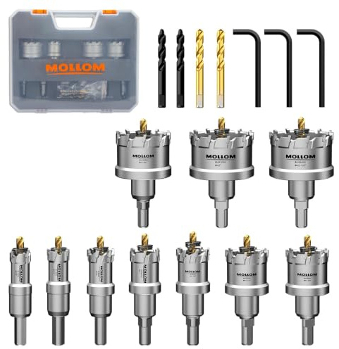 Mollom 10 uds (16-54mm) Juego Sierra Corona Carburo TCT Uso Intensivo | 2 Brocas Piloto Titanio y 1 Escalonada para cortar Acero Inoxidable, Acero Dulce, Hierro, Cobre, Latón, Aluminio, Plást.