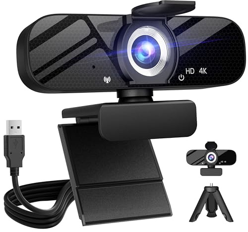 Tewiky Full HD Webcam with Built-in Microphone and Rotatable Tripod, 4K Video and Wide Angle Camera, Privacy Cover, for Desktop PC or Laptop Computer