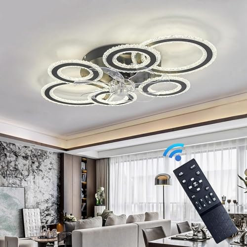 Ventilatore da soffitto Luce LED CNC Grande Luce Reversibile silenziosa dimmerabile a 6 velocità con Timer per Soggiorno (Nero)