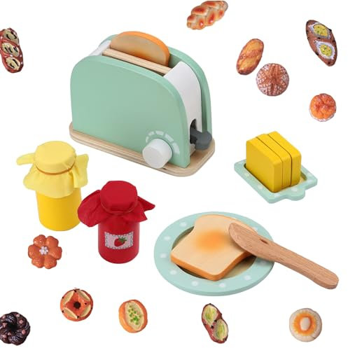 Hojalis Wooden Pop-Up Toaster Toy Play Set, 23 Pcs Toy Kitchen Accessories with Wooded Bread, Butter, Jam, Cake, Pretend Play Breakfast Toaster Set, Wooden Kitchen Toys for Kids