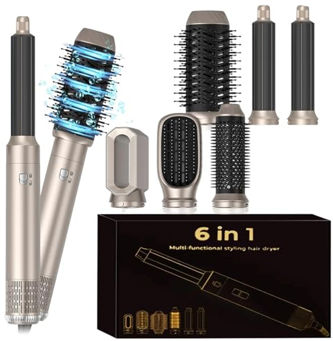 6 in 1 Hot Air Styler, Magic Styler Air Brush Hair Wrap Curler, 1000W Powerful Negative Ionic Hot Airbrush Airstyler, Smooth Hair Styler for Drying, Curling, Volumizing, Straightening, All Hair Types