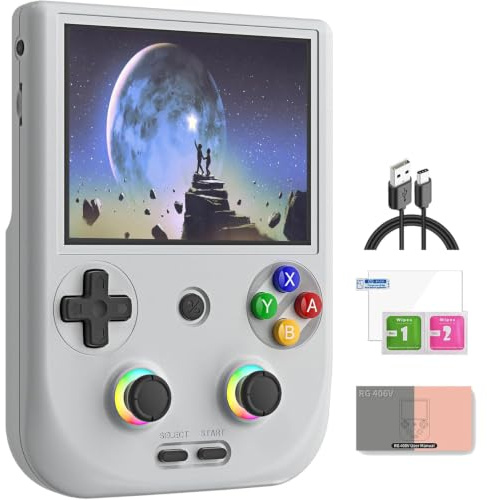 RG406V Android 13 Console di gioco portatile 4 pollici HD IPS 8 GB RAM 128 GB di memoria RGB illuminazione giocatore di gioco 5500 mAh batteria supporto gioco multiformato (grigio)
