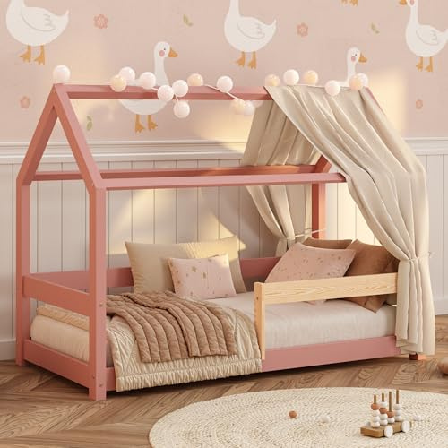 smartwood Hausbett 90x190 cm mit Rausfallschutz, Massivholz, Rosa, Milo | Montessori Kinderbett, Einstiegshöhe 12cm, Lattenrost belastbar bis 230kg, Kiefernholz, Einfache Montage, ab 3 Jahren