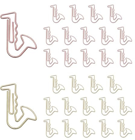 OWLFAVO Büroklammern in Saxophonform, mit transparenter Box, Rotgold und Gelbgold, lustige niedliche Büroklammern, Lesezeichen, Planer-Clips für Spaß, Bürobedarf, Schulgeschenke, Hochzeitsdekoration,