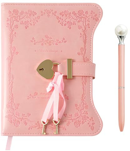 heavenlife Lock Journal with Pen B6, Vintage Diary with Lock and Key, PU Leather Notebook, 180/360 Pages, Heart Shaped Lock for Women Girls Kids (Pink)