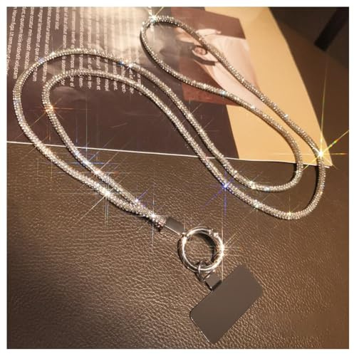 Hrlace Handy Lanyard Universal Strass Handykette Handgelenkband Glitzer Strass Kristall Telefon Lanyard zum Umhängen Handyband Handschlaufe Lanyard mit Patch für alle Smartphone Crossbody Silber