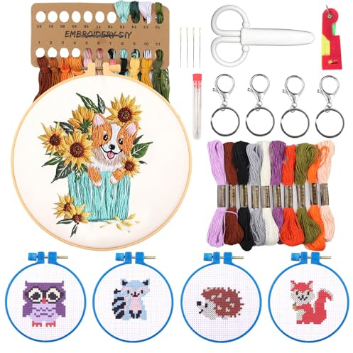 RtottiM Stickset für Anfänger Kreuzstich Set | Kreuzstich Anfänger Set mit Stickrahmen und Schlüsselanhänger, DIY Handwerk Dekorationen