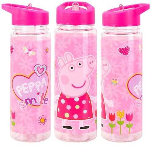 TDL Peppa Pig - Borraccia sportiva in plastica rosa da 650 ml, senza BPA, con coperchio a ribalta, per bambini, per scuola, sport, gioco, regali