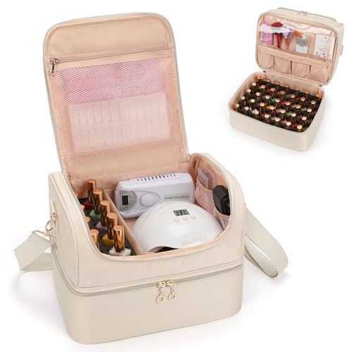 Nail Polish Organiser, Nail Varnish Storage Box Holds 45 Bottles Nail Polish & Nail Lamp, Nail Tech Travel Case, Nail Kit Carrying Bag for Nail Stuff & Manicure Tools (White, 45 Slots)