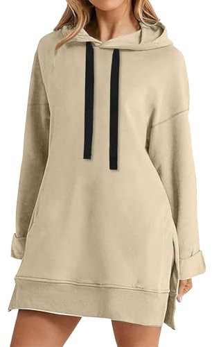 Cihdmfb Sweatshirts mit Kapuze Damen Oversized Hoodie Kleid Elegant Einfarbige Lange Kapuzenpullover Casual Rundhals Langarm Sweatkleid Side Slit Minikleid mit Taschen und Kordelzug(B Khaki,XXL)