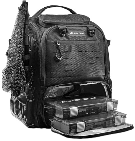 Zaloom Waterproof Fishing Backpack with Tackle Boxes, Rod Holder & Foldable Net - 40L Fishing Tackle Bag with Trays Included, Extra Storage Gear and Equipment, Rain Cover, Fisherman Gift for Men