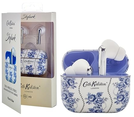 VQ Cath Kidston Floral Blue TWS Wireless Earbuds Rechargeable Ear Buds | HD Mic, ENC Noise Cancelling Earbuds, Bluetooth 5.4, 40H Backup Charging Case, iOS & Android Compatible Earphones, 10m Range