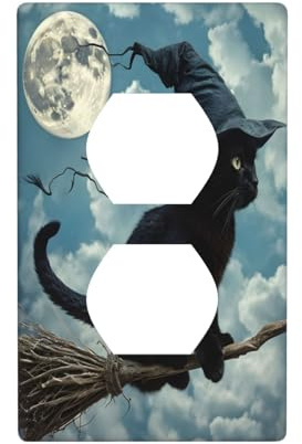 The black cat on the broomstick Double Outlet Decorative Wall Plate PC Material Heat Fade Resistant Dust-Proof Design Full-Front Print for Residential and Commercial Use