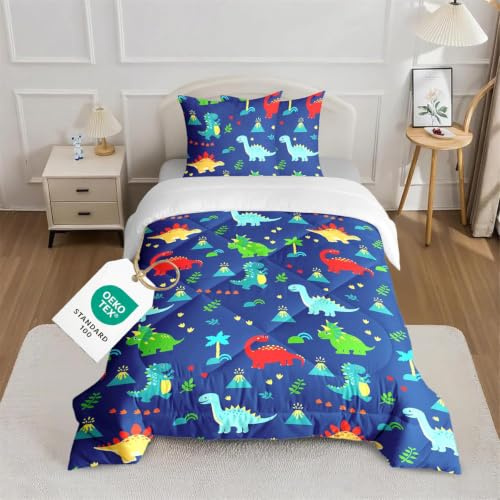 CINYE Dino Ganzjahresdecke 135x200 cm mit 1 Kissenbezügen 80x80 cm | 4-Jahreszeiten Bettdecke & Steppdecke | Allseason Decke aus Mikrofaser | 260+GSM | Tragetasche