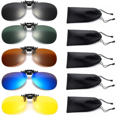 KXF Lot de 5 paires de lunettes de soleil à clipser pour lunettes de vue, verres polarisés, lunettes de soleil rabattables avec 5 sacs, protection UV, lunettes de vision nocturne anti-reflet pour