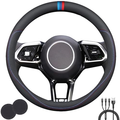 Universal Steering Wheel Cover for 14.5-15 Steering Wheel | Stylish Non-Slip Leather Steering Wheel Cover with 2 Coasters and 3-in-1 USB Charging Cable (Style D)