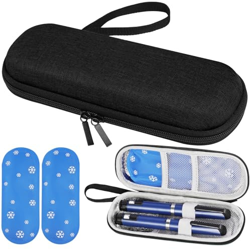 Fefod Borsa Termica per Insulina, Borsa per Diabetici da Viaggio con 2 Impacchi di Ghiaccio, Portatile Custodia Per Insulina Per Diabetici, Perfetto per l'aereo, le Vacanze e i Viaggi D'affari（Nero）