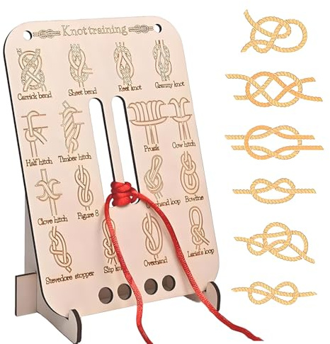 Tabla de entrenamiento de nudos de aprendizaje, kit de tabla de práctica de nudos de madera con 16 nudos populares y 10 cuerdas de paracaídas de nailon, tabla de entrenamiento multifuncional