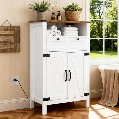 M METERXITY Bathroom Floor Cabinet with Outlets, Farmhouse White Cabinet with Doors, Drawer, Bathroom Storage Cabinet Hutch Cupboard Organizer for Kitchen Pantry, Laundry, Entryway, Rustic