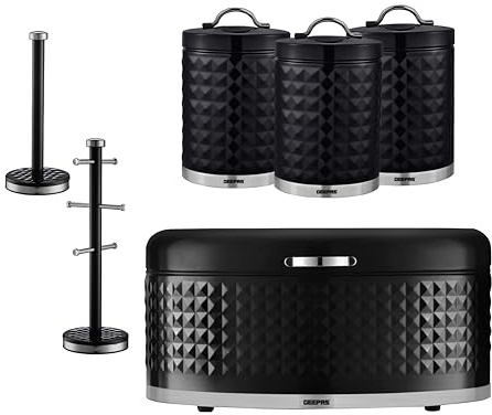 GEEPAS Argyle Tea Coffee Sugar Canister, Bread Bin, Mug Tree & Towel Pole Set | 9L Bread Box 1.3L Airtight Canister Set | Carbon Steel Build Kitchen Counter Storage Space Saver | Black