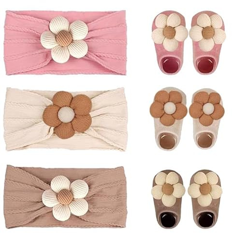 AModaTouch Baby Girl Cute Headband & Socks Combo - Non-Slip Floral Grips Socks & Soft Flower Nylon Hairbands, Essential Hair Accessories for Kids Infants (1-3 Years, Pink Beige khaki)