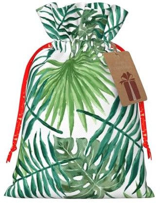 Transparente Weihnachtsbeutel mit Palmblatt-Muster, mit rotem Weihnachtsband, wiederverwendbare Jute-Geschenkbeutel, Größe M